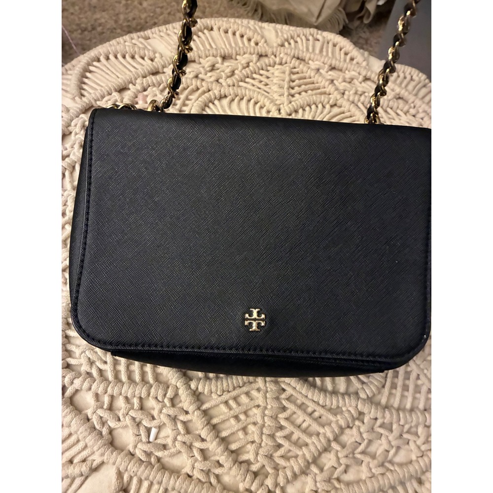 Tory Burch Robinson Black Saffiano Leather Chain Crossbody Bag Gold Hardware